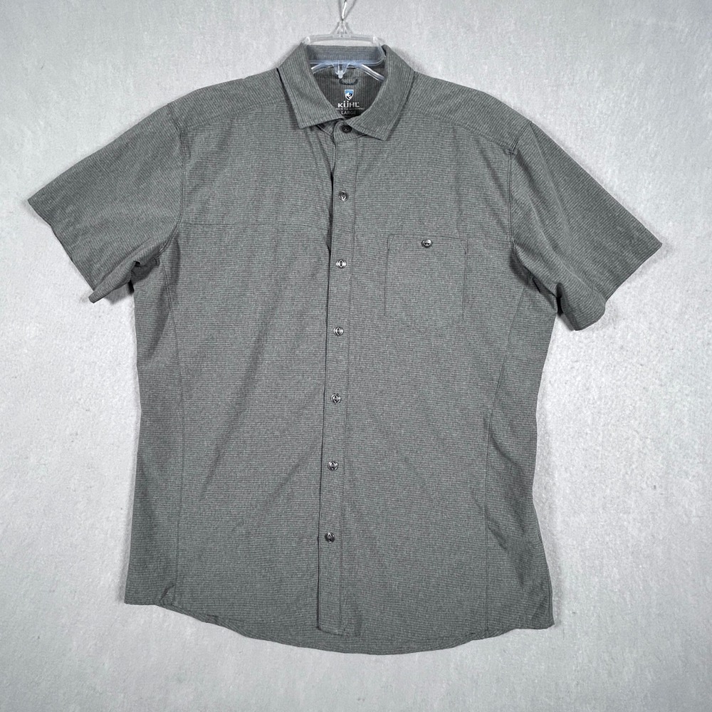 Kuhl Provok Men L Gray Textured Short Sleeve Button Up Shirt Outdoor Hike Trail